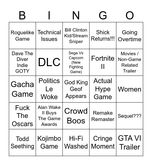 Game Awards Bingo Card