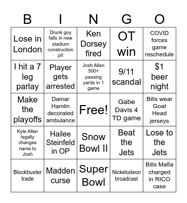 Buffalo Bills 23-24 Season Bingo Card