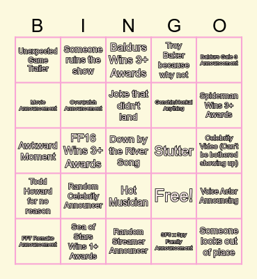 Game Awards Bingo Card