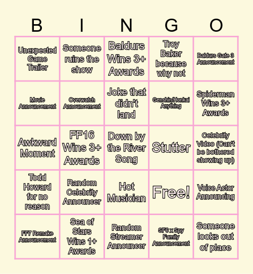 Game Awards Bingo Card