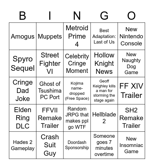 Game Awards Bingo 2023 Bingo Card