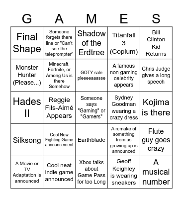 Game Awards 2023 Bingo Card