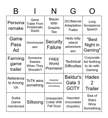 Game Awards 2023 Bingo Card