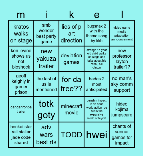 vido game Bingo Card