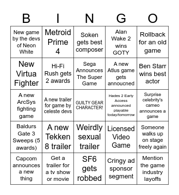 Game Awards 2023 Bingo Card