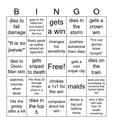 Brady playing Fortnite Bingo Card