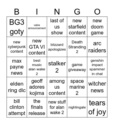 Game Awards bingo card Bingo Card
