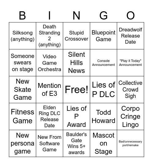 Game Awards Bingo Card