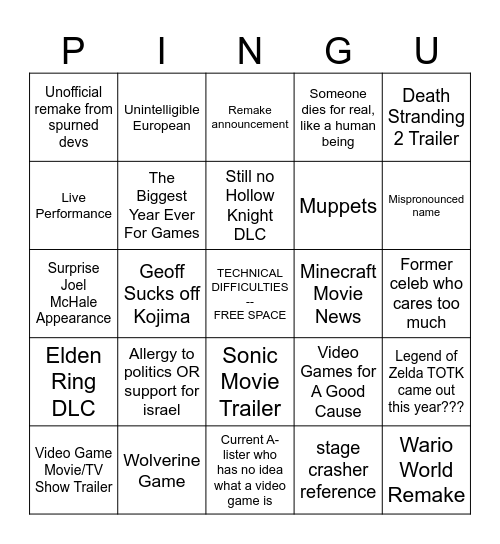 The Game Awards Pingu Bingu Bingo Card