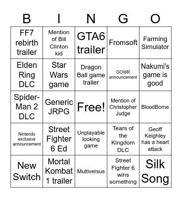 Game Awards 2023 Bingo Card
