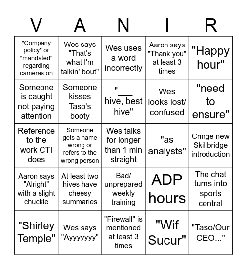 Wes's Words of Wisdom Bingo Card