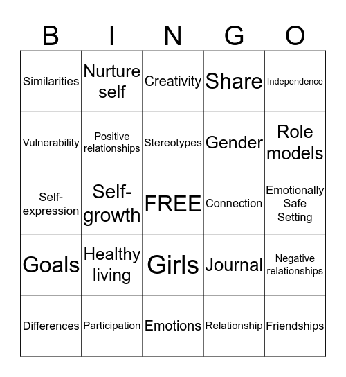 Girl's Circle Bingo Card