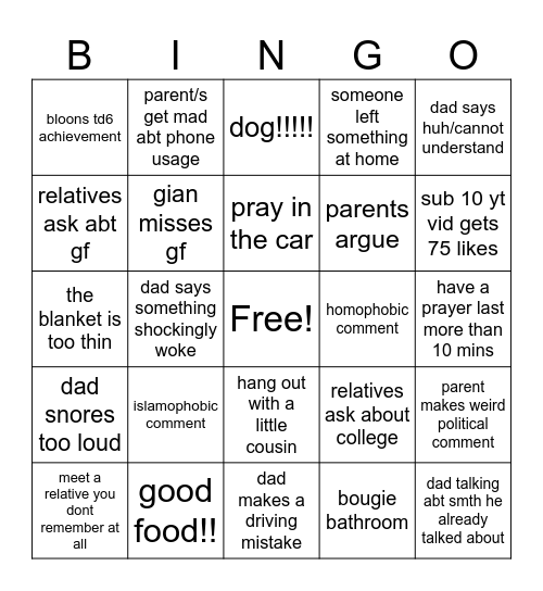 gian weekend trip bingo! Bingo Card