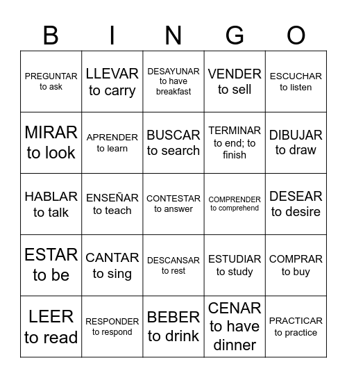 Spanish Verbs Bingo Card
