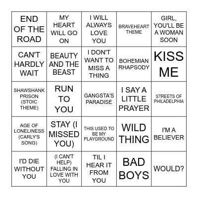 MOVIE SONGS 1990's Bingo Card
