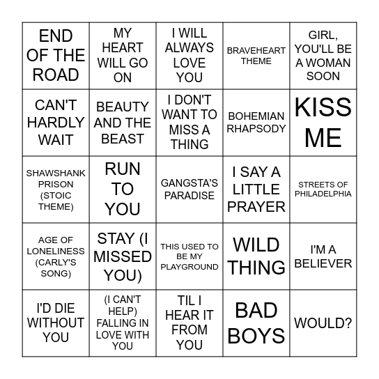 MOVIE SONGS 1990's Bingo Card