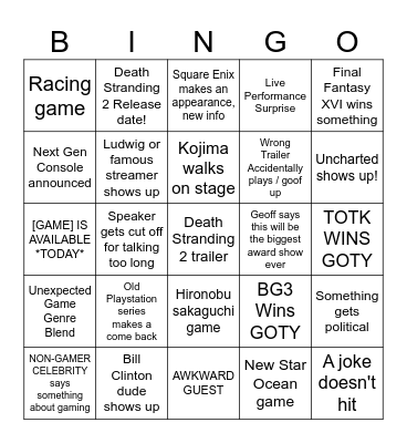 The Game Awards 2023 Bingo Card