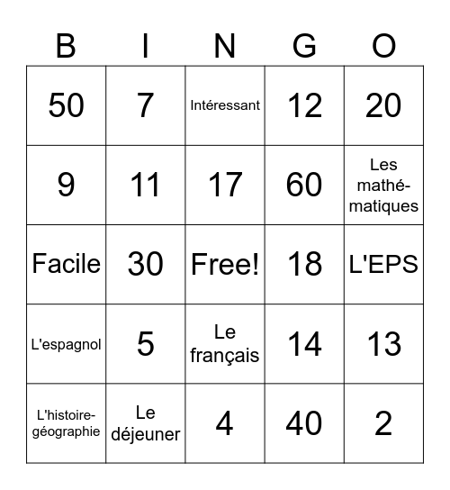 Time, School subjects and descriptions Bingo Card