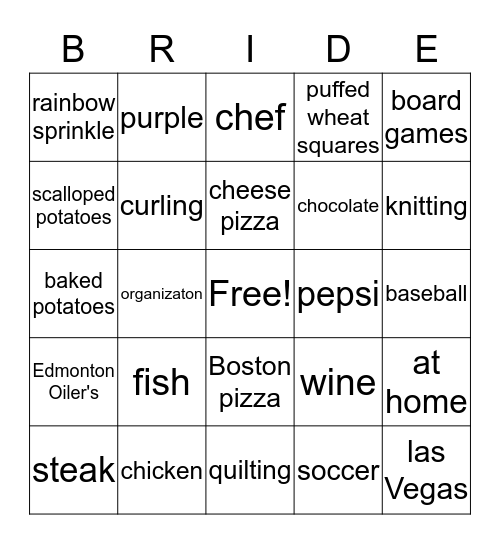 Andrea's Bridal Shower Bingo Card