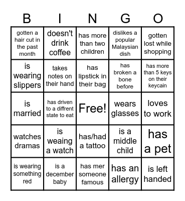 Get to know each other Bingo Card