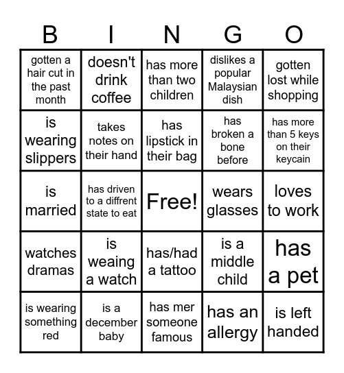 Get to know each other Bingo Card