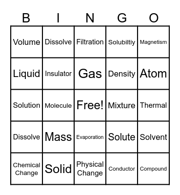Physical Science Matter Bingo Card