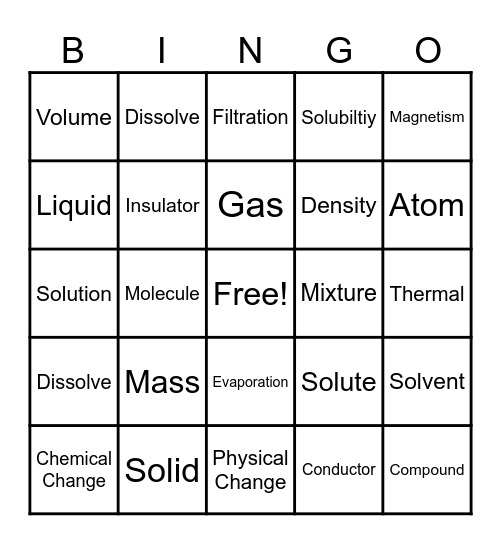 Physical Science Matter Bingo Card