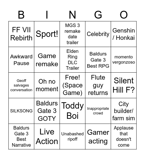 VIDEO GAME AWARDS Bingo Card