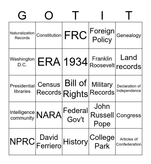 Five A's Bingo Card