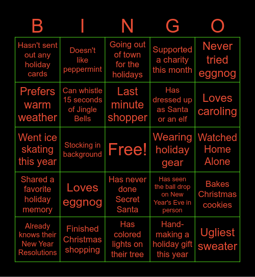 Holiday Get-to-know-you Bingo Card