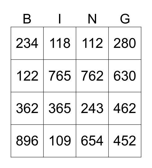 Numeros del 100-1000 Bingo Card