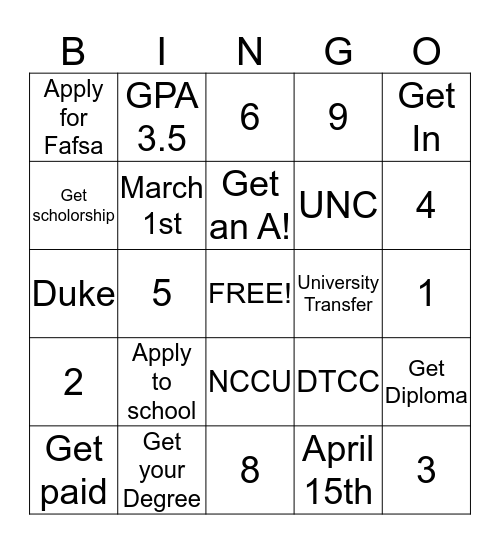 Scholorship Bingo Card
