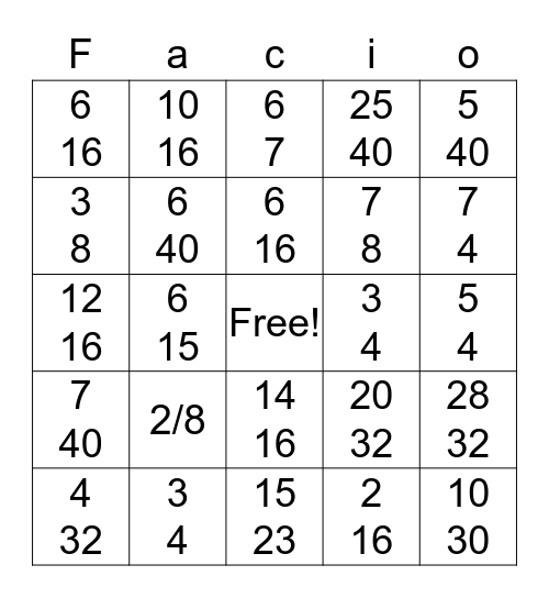 Fracciones Homogéneas  Bingo Card