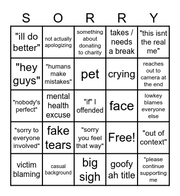 youtuber apology Bingo Card