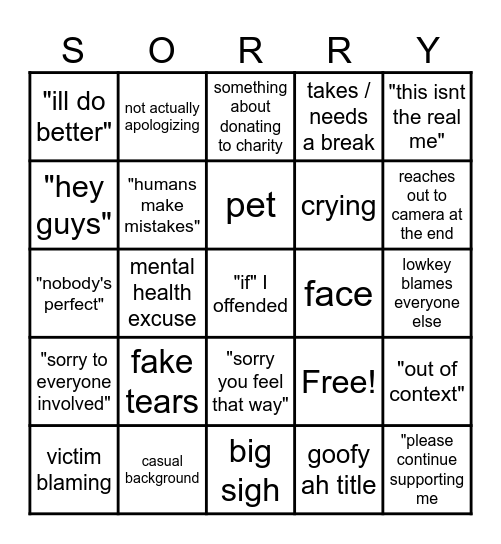 youtuber apology Bingo Card