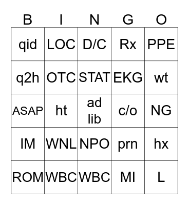 Medical Abbreviations Bingo Card