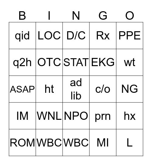 Medical Abbreviations Bingo Card