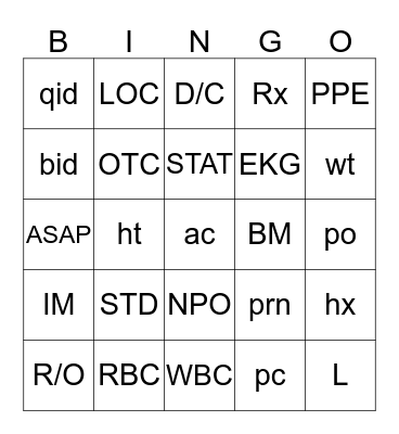 Medical Abbreviations Bingo Card