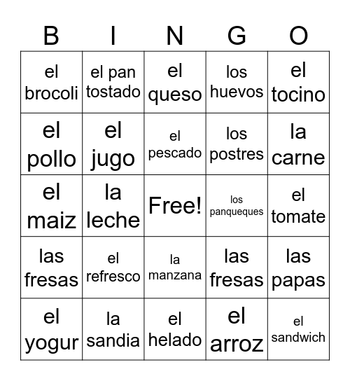 Food Bingo Card