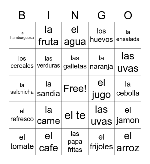 Food Bingo Card