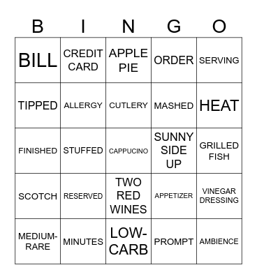 ORDER FOOD Bingo Card