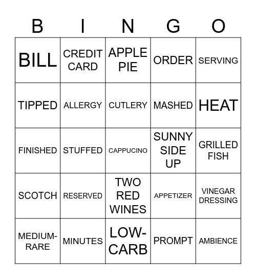 ORDER FOOD Bingo Card