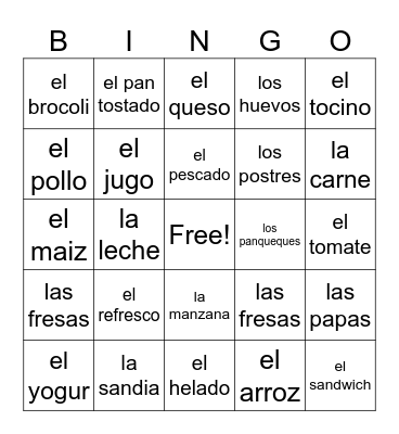 Food Bingo Card