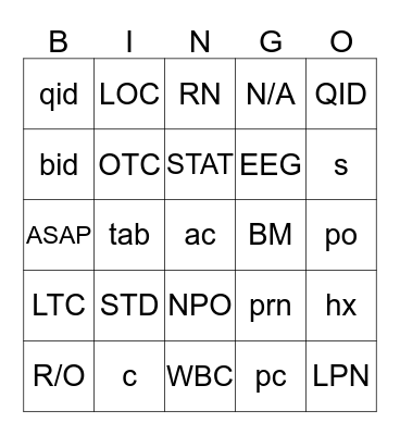 Medical Abbreviations Bingo Card