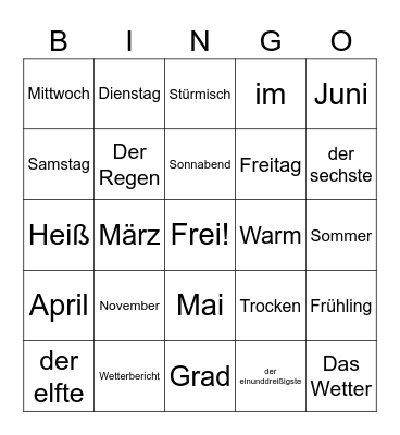 Days, Months, Seasons, & Weather Bingo Card