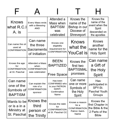 CONFIRMATION BINGO Card