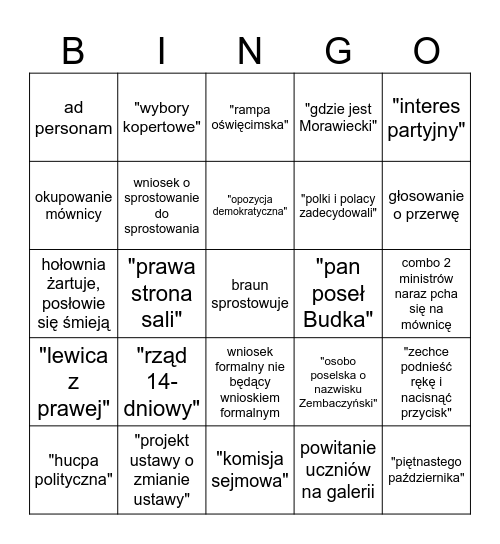 Posiedzenia Sejmu X kadencji Bingo Card