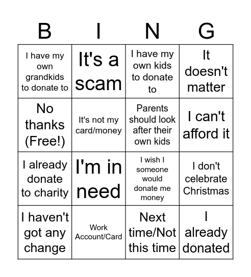 Be the Joy Excuses Bingo Card