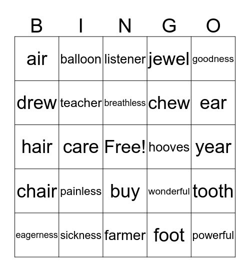 Spelling BINGO Card