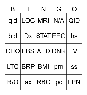 Medical Abbreviations Bingo Card